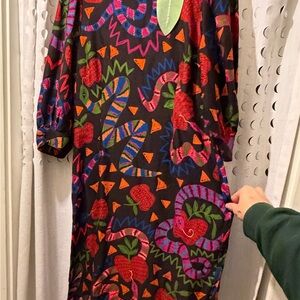 FARM Rio Black Midi Dress with Multicolor Snake & Apple Print
